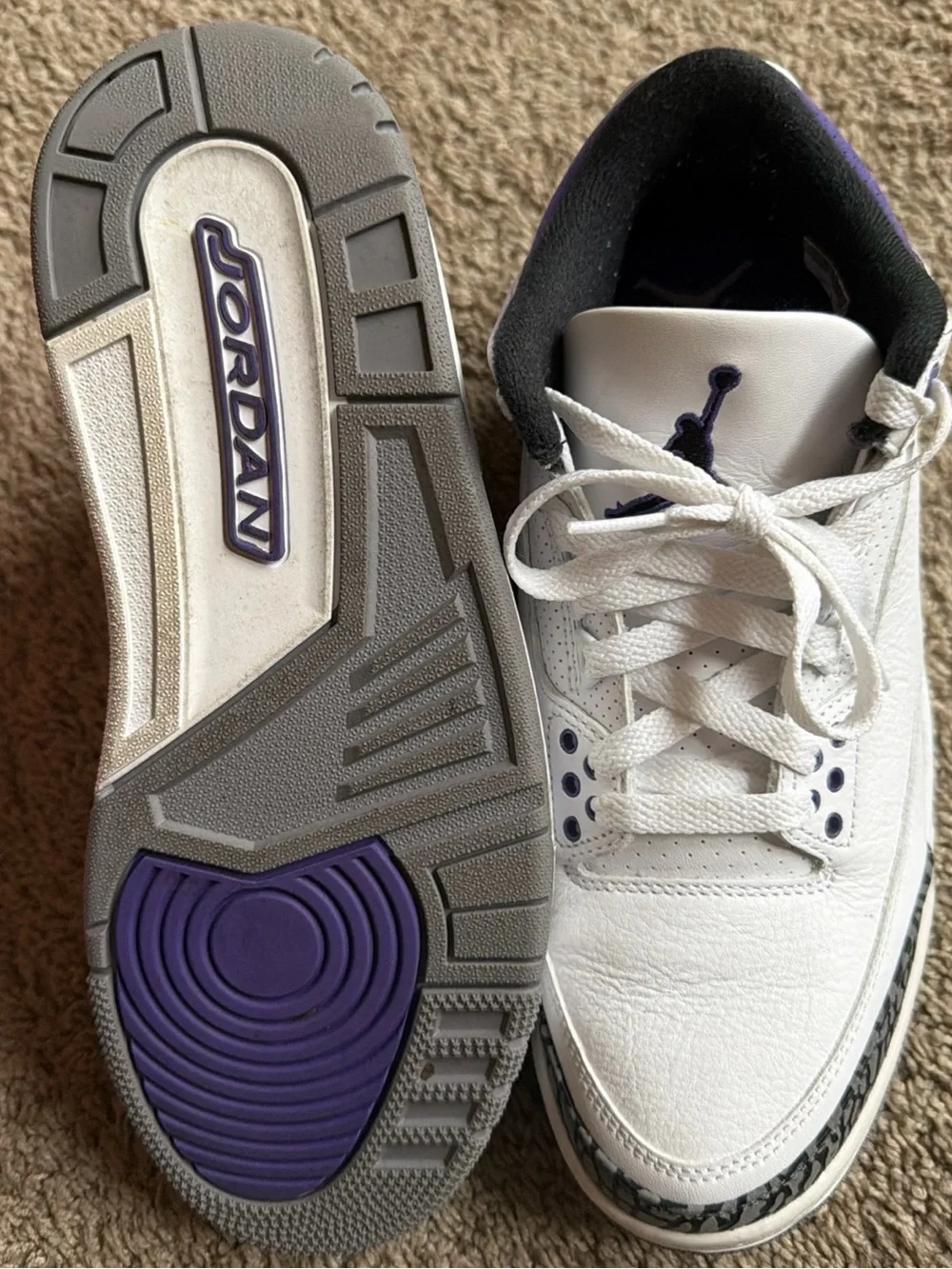 Jordan White and Purple Retro Basketball Sneakers with Elephant Print